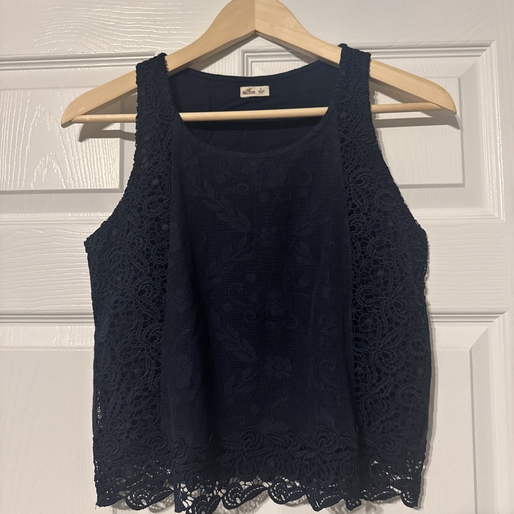 Hollister Womens Navy Blue Floral Lace Scalloped Hem Sleevelessβ Crop Top Small